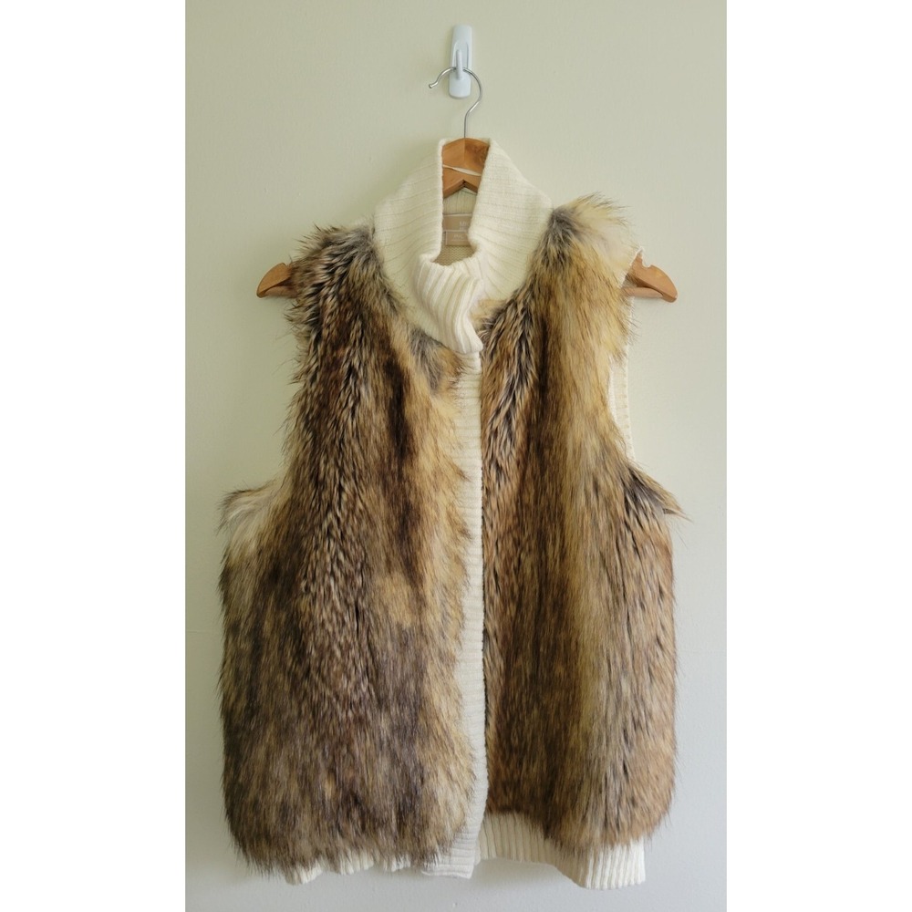 Michael Michael Kors Brown & Cream Faux Fur Shaggy Vest Sz Petite L Wool Blend